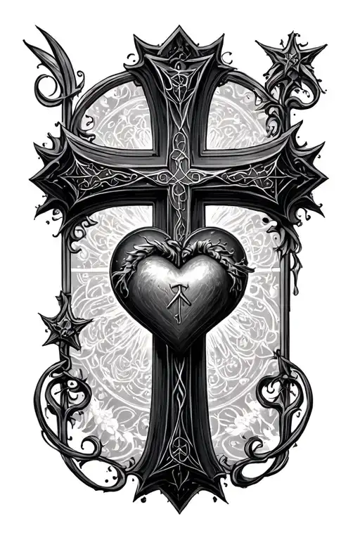 Detailed Gothic Cross With Sacred Heart In Center