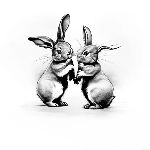 Two Little Bunnies Eating Grass While Hugging