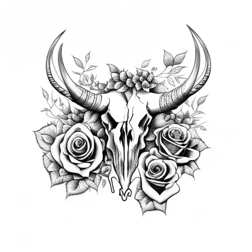Long Horn Skull With Roses And Vines