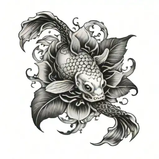 A Tattoo Of Koi Fish Swimming Through A Skull-filled Pond In A Dark And Eerie Style
