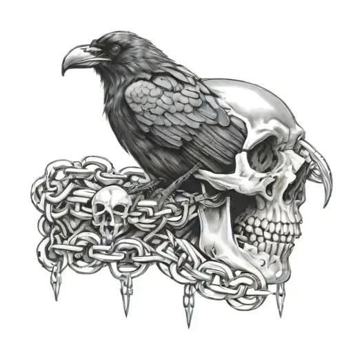 A Realistic Black And Grey Portrait Of A Crow Perched On A Skull With Chains Wrapped Around It