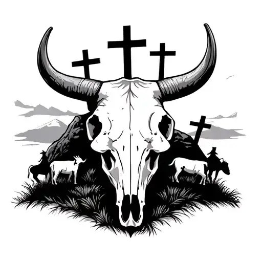 Cow Skull With Longhorns And A Cowboy Looking At Three Crosses On A Hill And Cows Inside It