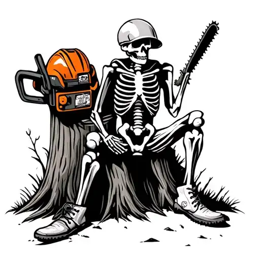 Skeleton Sitting On A Stump With Cork Boots On And Hard Hat Chainsaw Sitting Next To Stump