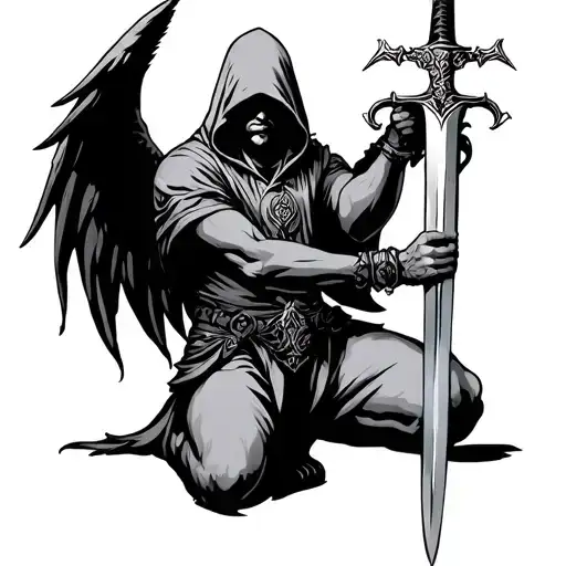 Hooded Angle Kneeling Holding A Sword