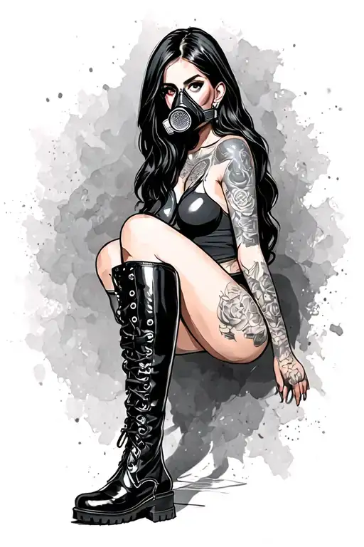 Sexy Girl Wearing Black Knee High Boots And A Gas Mask