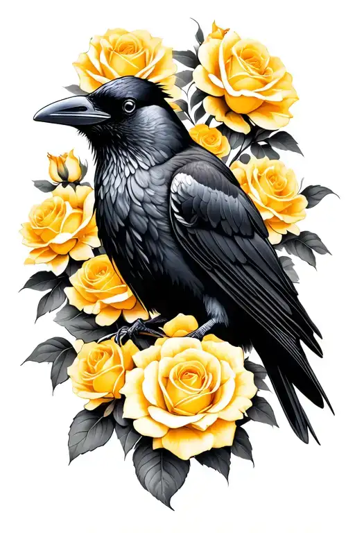 A Crow In Front Of Yellow Roses