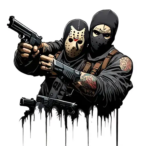 Jason Vorhees Beside A Guy In A Balaclava Holding Guns