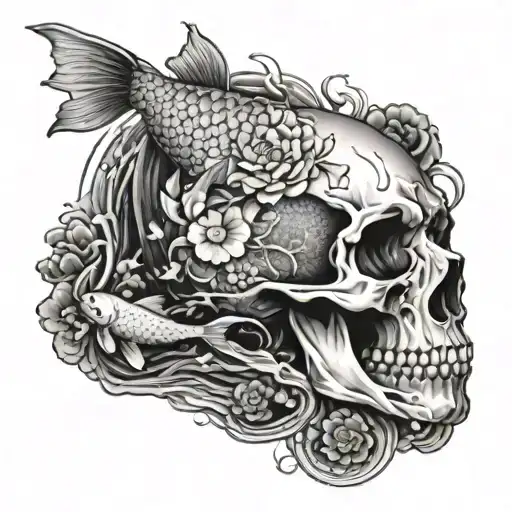 A Tattoo Of Koi Fish Swimming Through A Skull-filled Pond In A Dark And Eerie Style