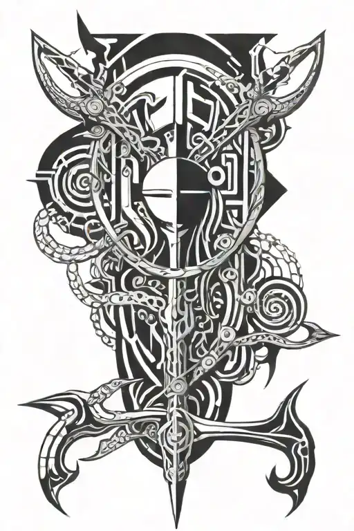 An Abstract Geometric Design Incorporating Poseidon's Trident And Software Code Elements
