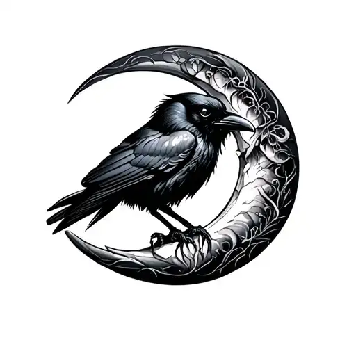 Crescent Moon With Raven Perched