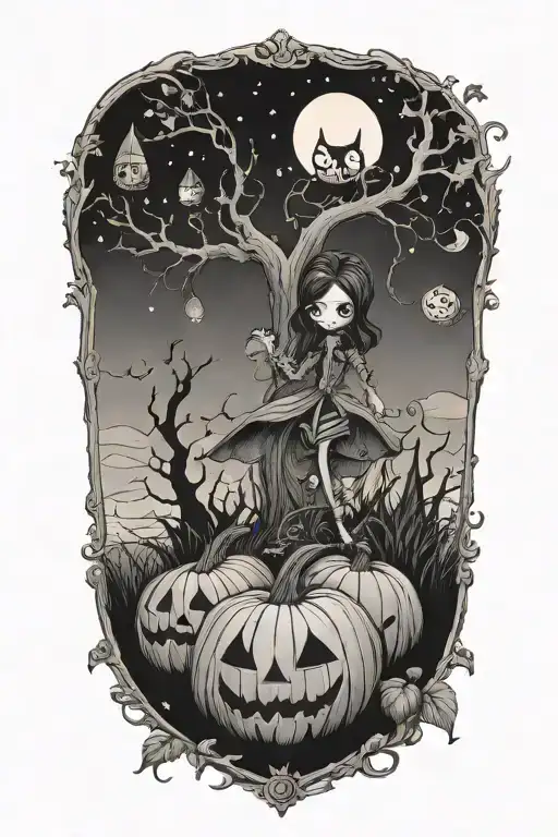 A Whimsical Tim Burton-inspired Pumpkin Patch With Coraline Elements Intertwined Tattoo Idea