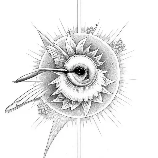 Hummingbird Surrounded By Flowers And A Sun In The Top Half Sleeve