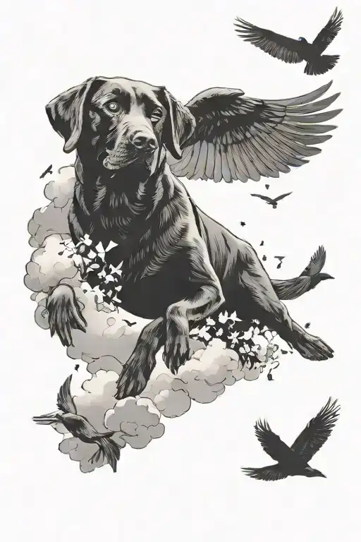 Black Labrador Dog Birds Flying In The Sky
