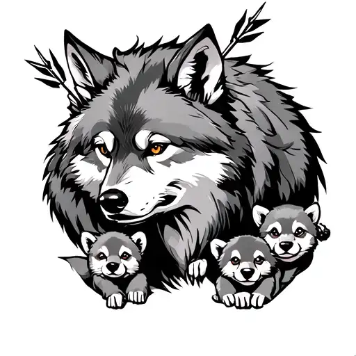 Lone Wolf With Arrows In Its Back Protecting 3 Cubs