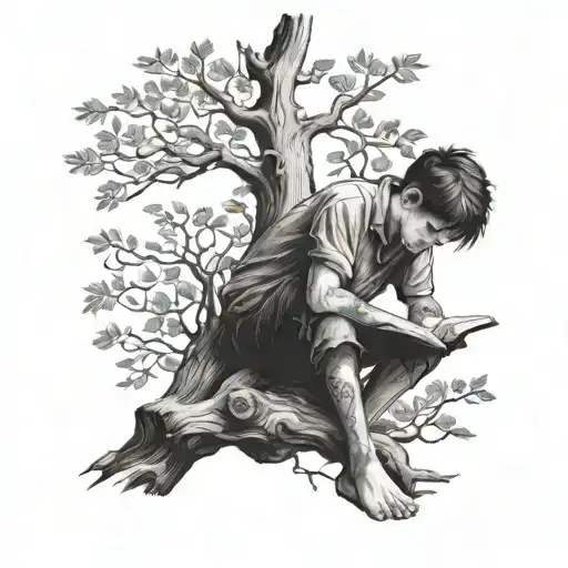Boy Sitting On The Tree And Writing A Book