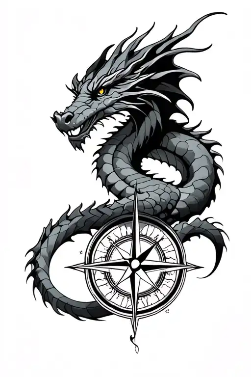 Dragon And Compass Rose Intertwined