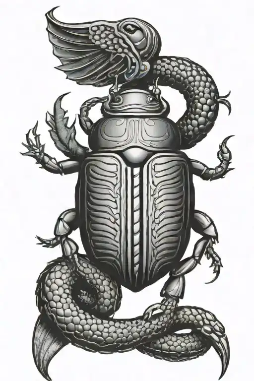 Egyptian Scarab Beetle With A Snake Crawling Over It In Dotwork Style