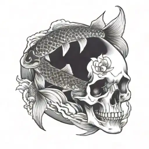A Tattoo Of Koi Fish Swimming Through A Skull-shaped Pond In A Dark And Eerie Style