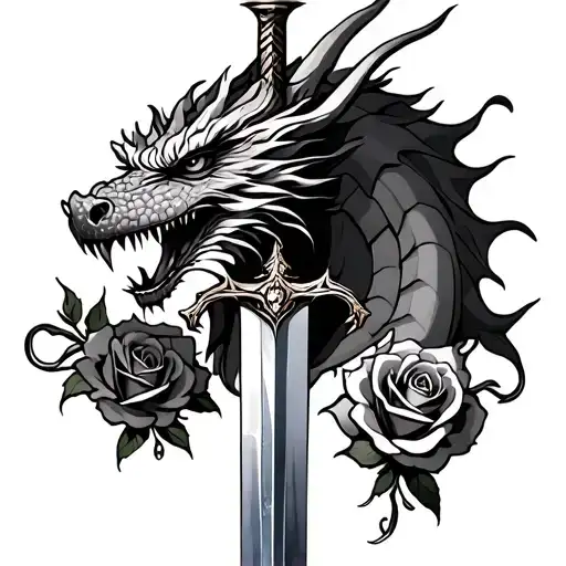 Dragon Head With Sword With Roses
