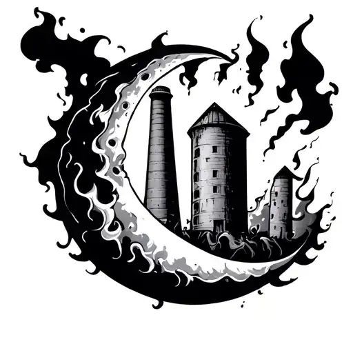 Half Moon And A Grain Elevator On Fire