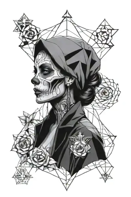 Skull And Woman Portrait Include Some Geometric Shape