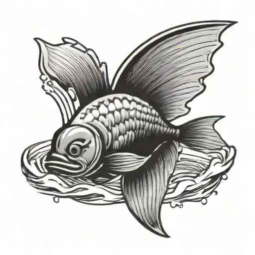 A Black-grey Tattoo Of A Swimming Fish Jumping Out Of The Water With Scout Badges Trailing Behind It