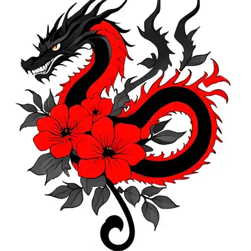 Dragon With Red Flowers Behind It