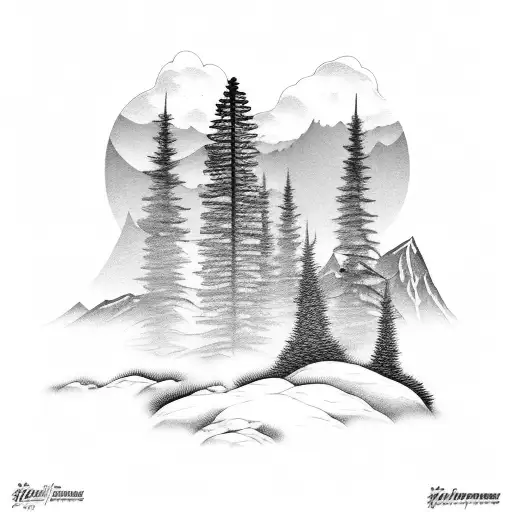 Beach With Mountains And Pine Trees