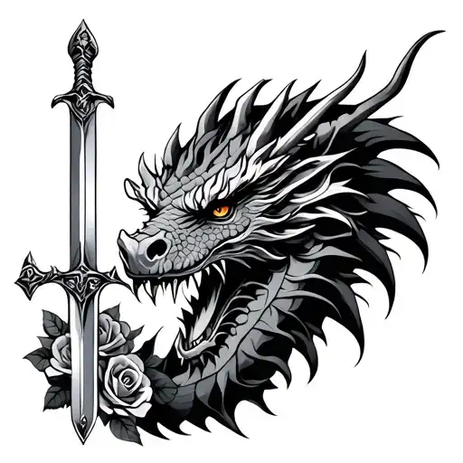 Dragon Head With Sword With Roses