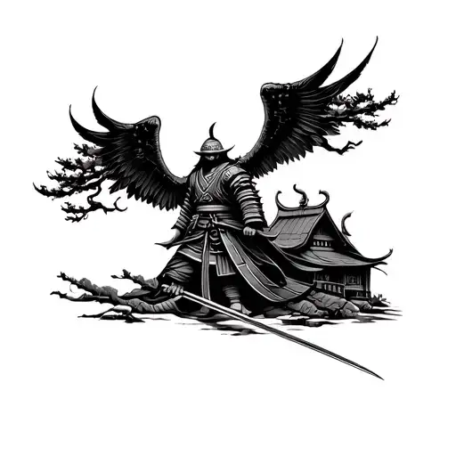Samurai With Wings With Tree And House