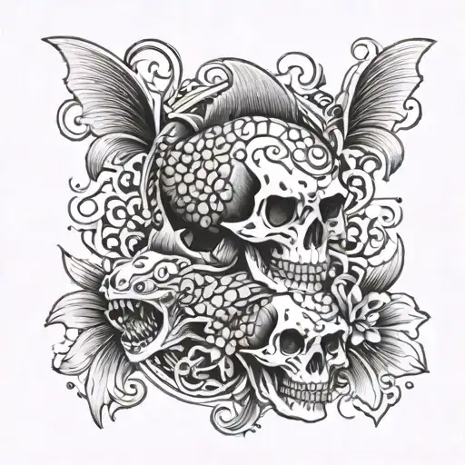 A Cooking Inspired Tattoo With Koi Fish And Skulls Incorporated Into The Design