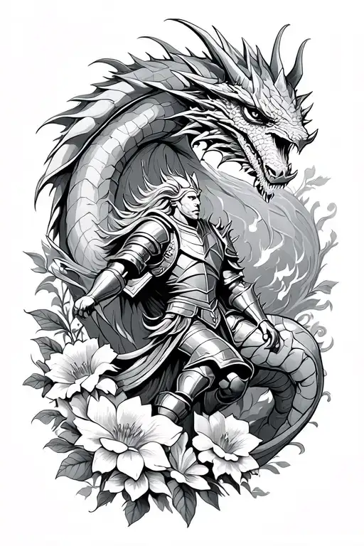 Knight Fighting A Dragon Surrounded By Flowers