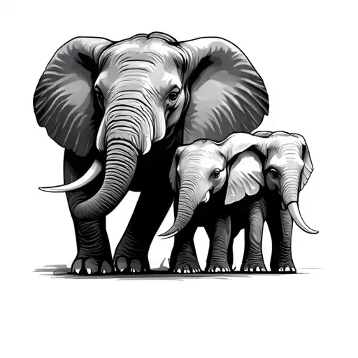 Father Elephant With Two Daughters Elephants