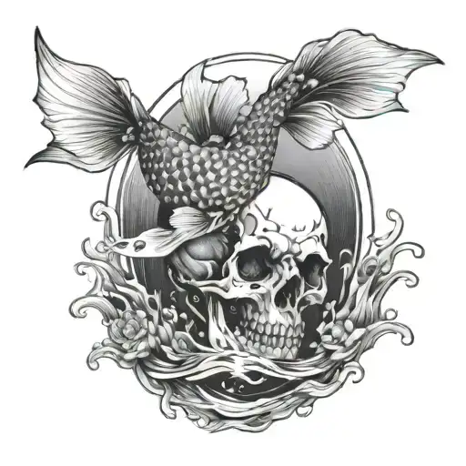 A Tattoo Of Koi Fish Swimming Through A Skull-filled Pond In A Dark And Eerie Style