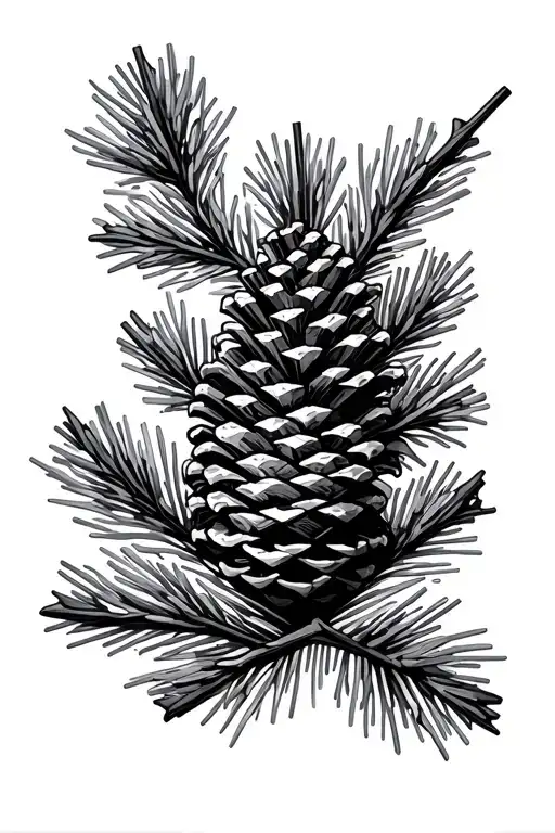 Pine Branch And Cone Geometric Tattoo With Emphasis On Negative Space