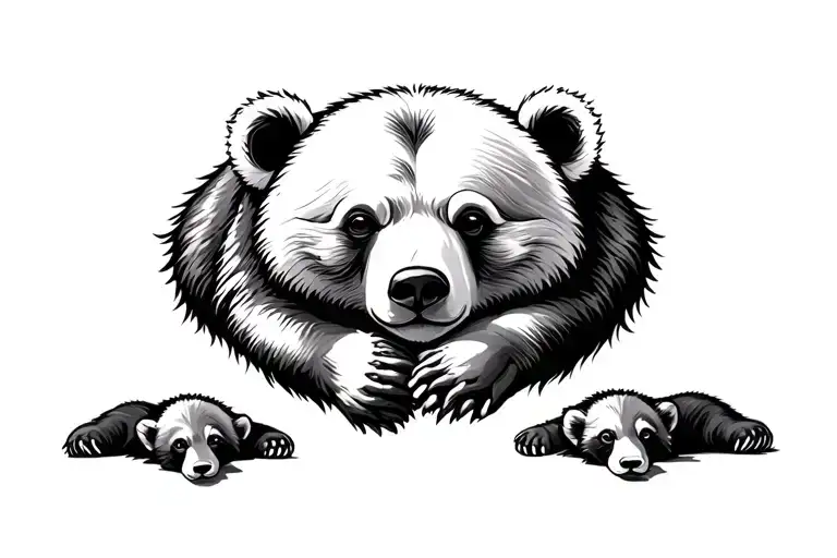 Feminine Bear With Cubs Cuddling