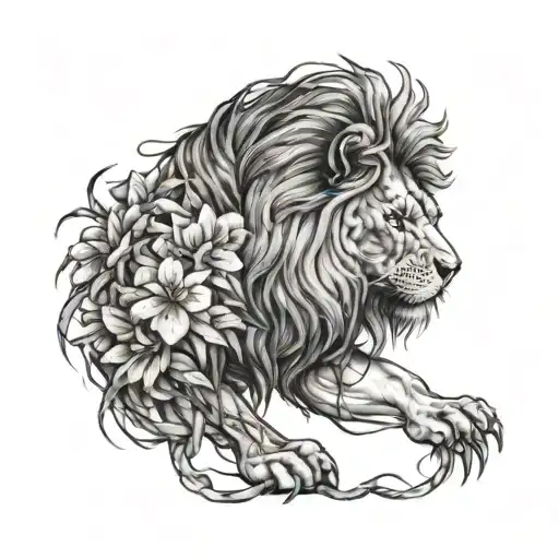 A Lion Wrapped In Thorns And Flowers With Scars On Its Face And Body Ready To Stand Its Ground