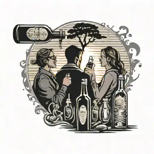 A Sunrise Behind A Silhouette Of Friends Enjoying A Bottle Of Alcohol