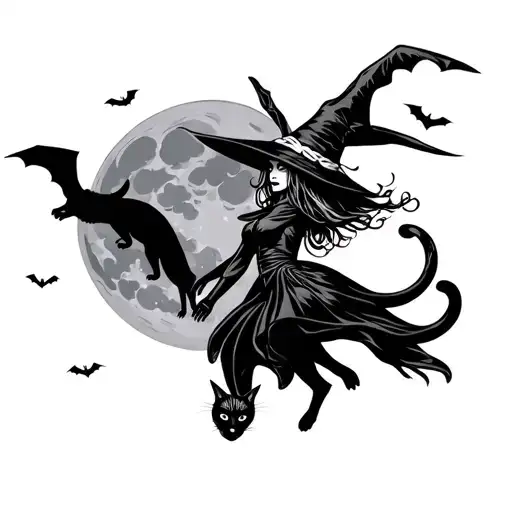 A Witch Flying With A Black Cat In The Sky With A Full Moon In The Background And Bats