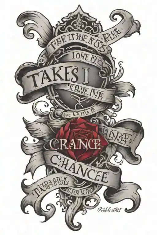 A Quote Tattoo That Reads 'Take The Risk Or Lose The Chance' With A Ruby Gemstone Accent