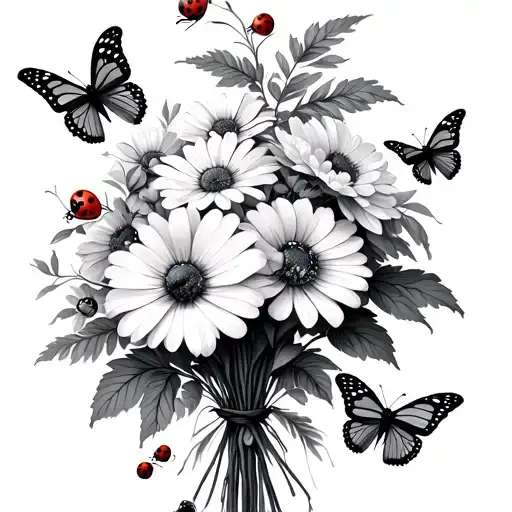 Birth Flower Bouquet With Lady Bugs Under Butterflies