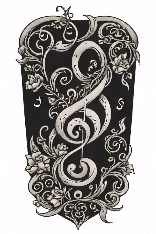 A Traditional Style Tattoo Featuring Musical Notes Intertwined With Symbols Of Love And Family