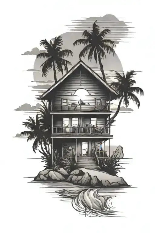 Beach House With Sunset In Background