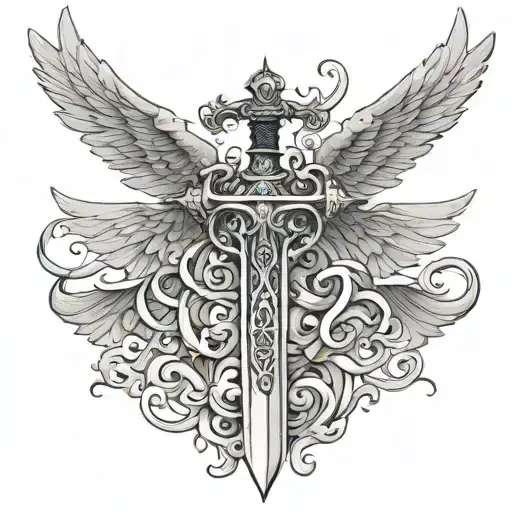 Sword With Angel Wings Spread Wide Micheal Script On Sword