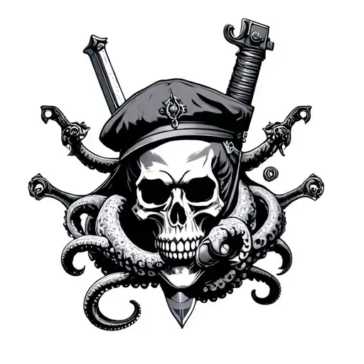 Skull Wearing Beret With Tentacles Coming Out Holding Pistol And Sword