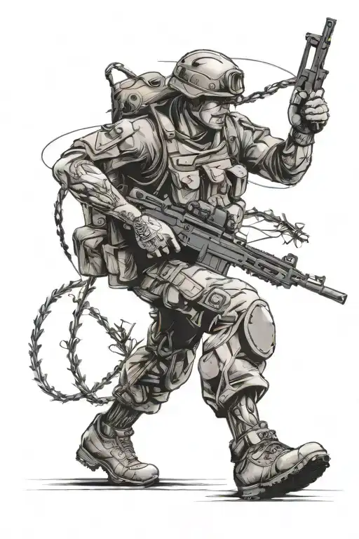 An Australian Soldier With Barbed Wire Below And Around His Feet And A Tank In The Background