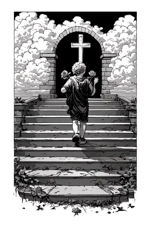 Kid Walking Up Stairs With A Cross In The Clouds And A Rose On Top