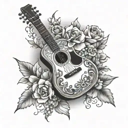 A Tattoo Of A Traditional Portuguese Guitar Surrounded By Summer Flowers