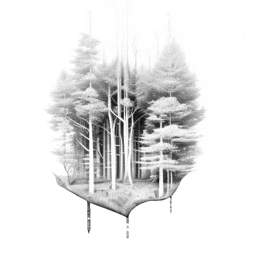 Forest With Hidden Mechanical Farm Elements Scattered Throughout The Design