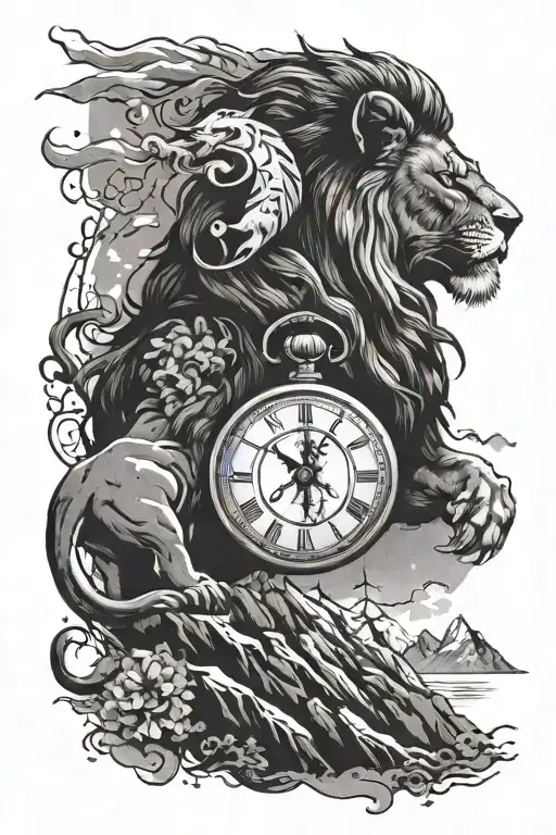 Night Sky In Mountains With Lion And Clock Face And Compass